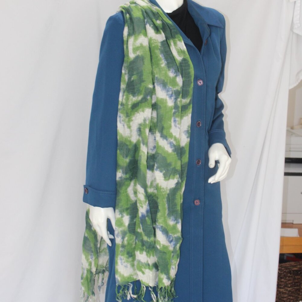 Green Blue White Abstract Rayon linen-look Scarf lightweight Fringe Wrap